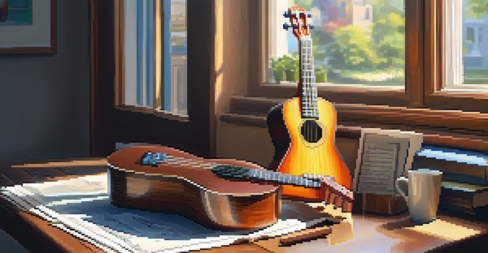 A ukulele on a wooden table with sheet music, a metronome, and a coffee cup, illuminated by sunlight.