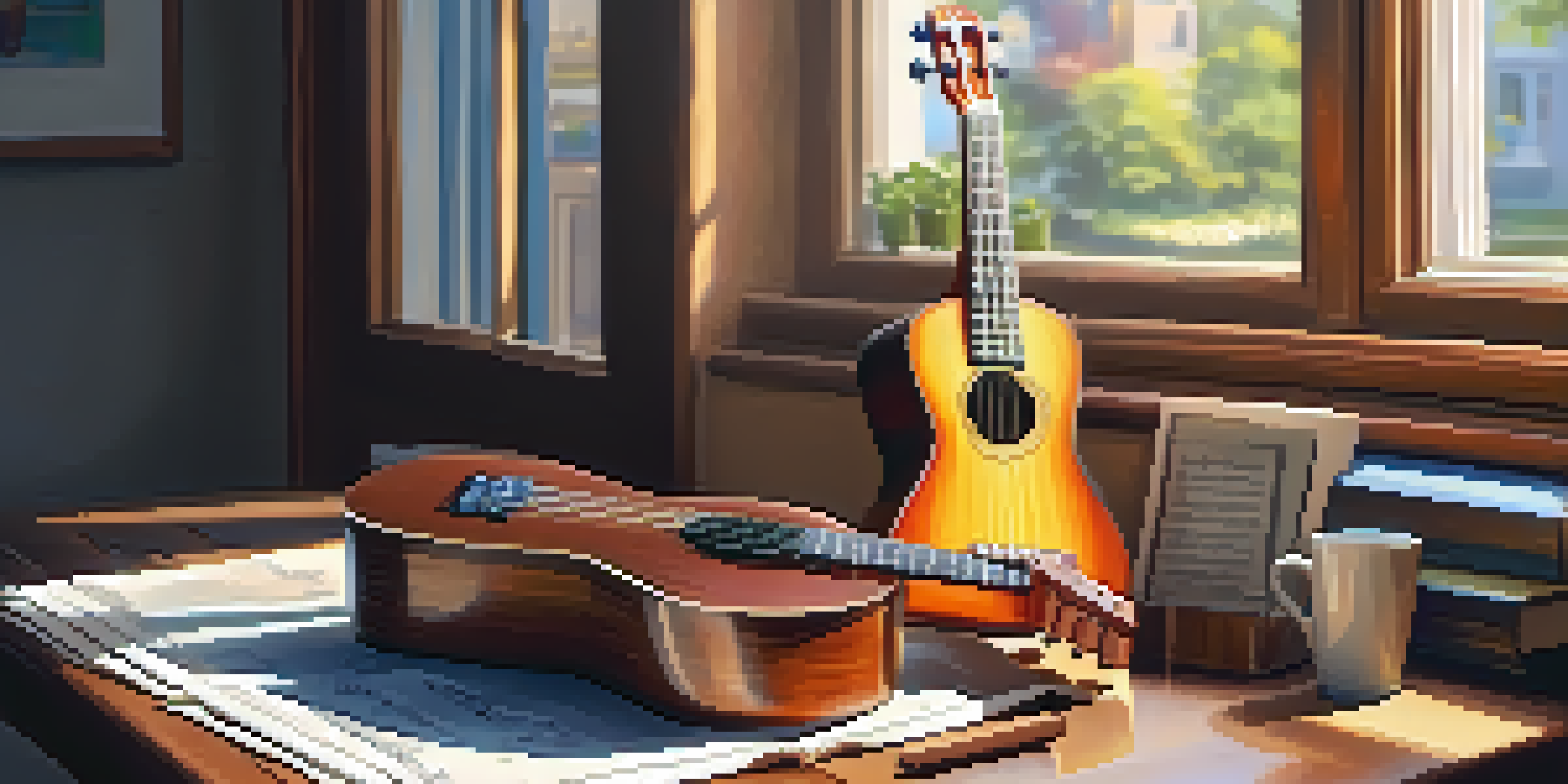 A ukulele on a wooden table with sheet music, a metronome, and a coffee cup, illuminated by sunlight.