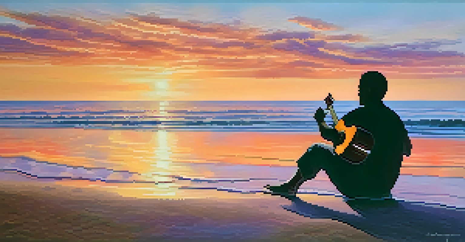 A person playing a ukulele on the beach during a colorful sunset, with waves gently lapping at the shore.