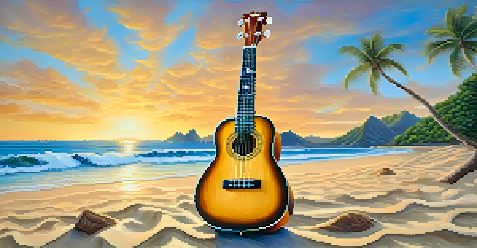 A Lanikai Ukulele on a sandy beach at sunset, with ocean waves in the background.