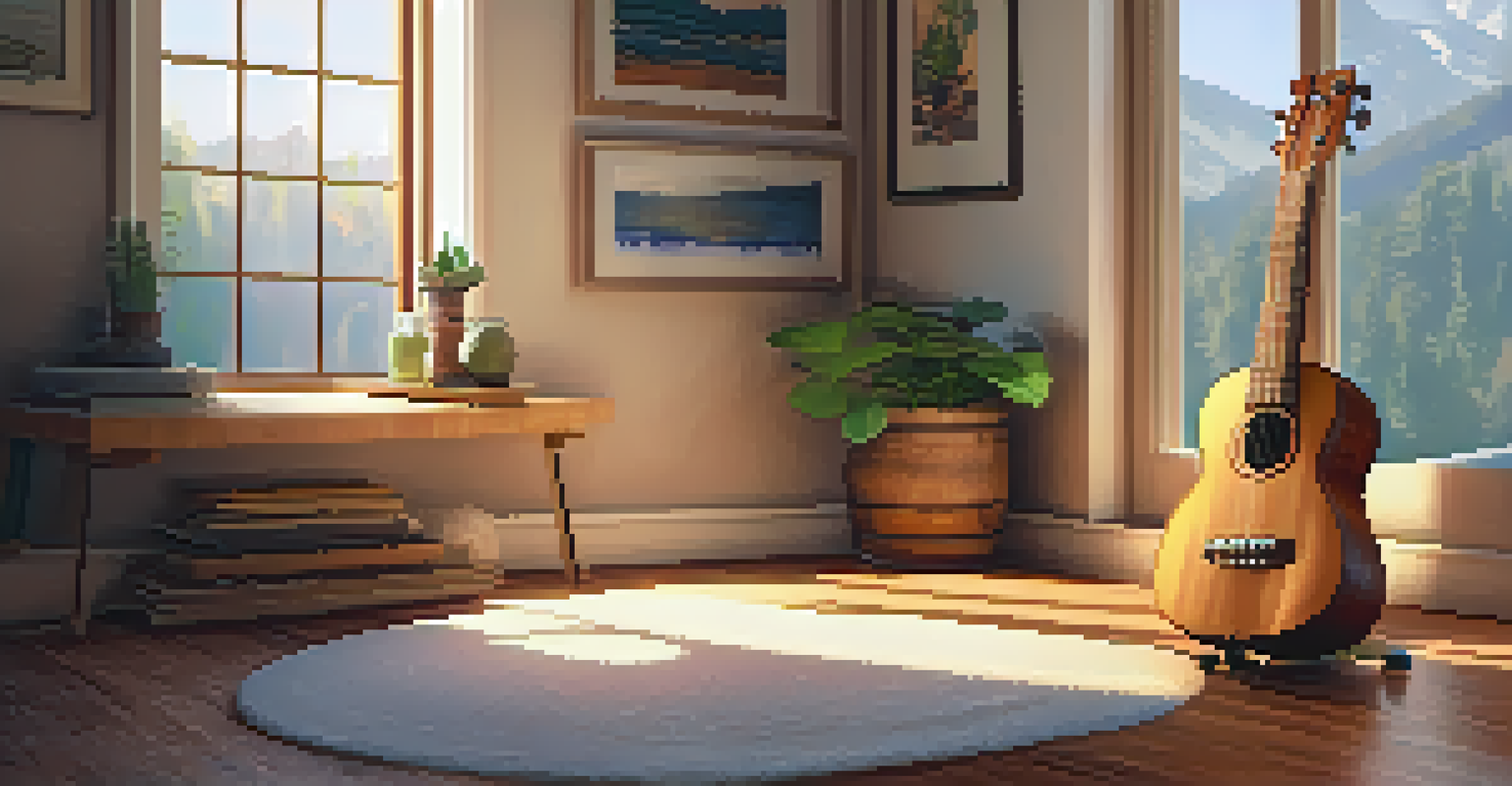 A cozy indoor corner with a ukulele, candles, and sunlight streaming through a window, creating a warm atmosphere.