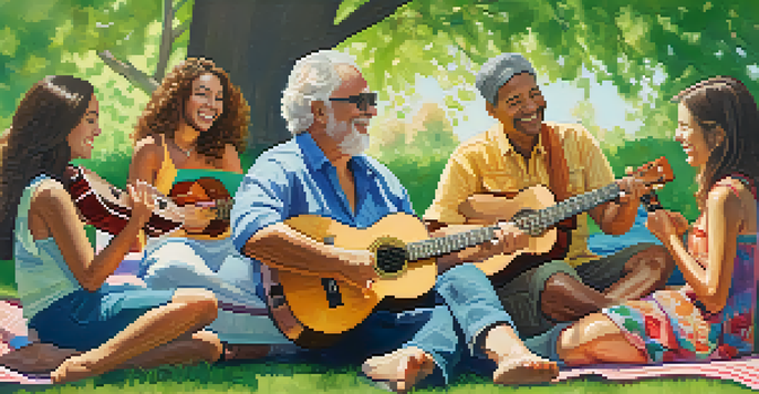 A diverse group of people playing ukuleles in a sunny park, surrounded by trees and colorful blankets, creating a joyful atmosphere.