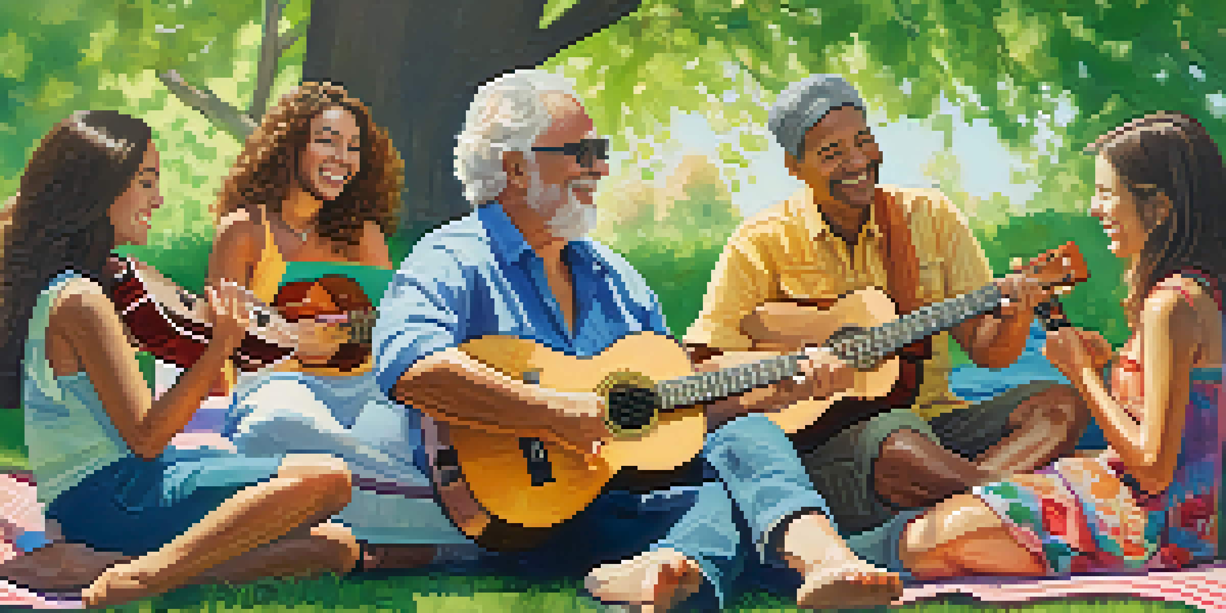 A diverse group of people playing ukuleles in a sunny park, surrounded by trees and colorful blankets, creating a joyful atmosphere.
