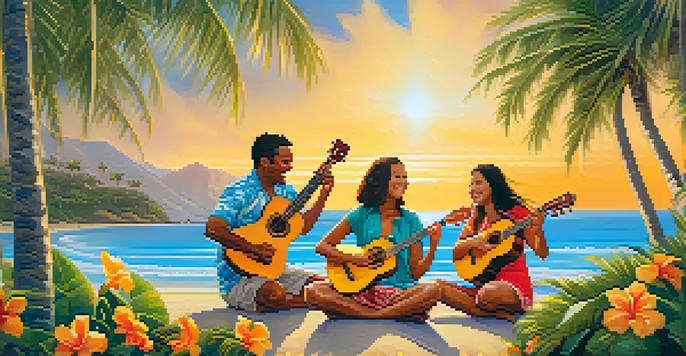 A group of diverse friends playing ukuleles on a Hawaiian beach at sunset, with palm trees and colorful flowers around them.