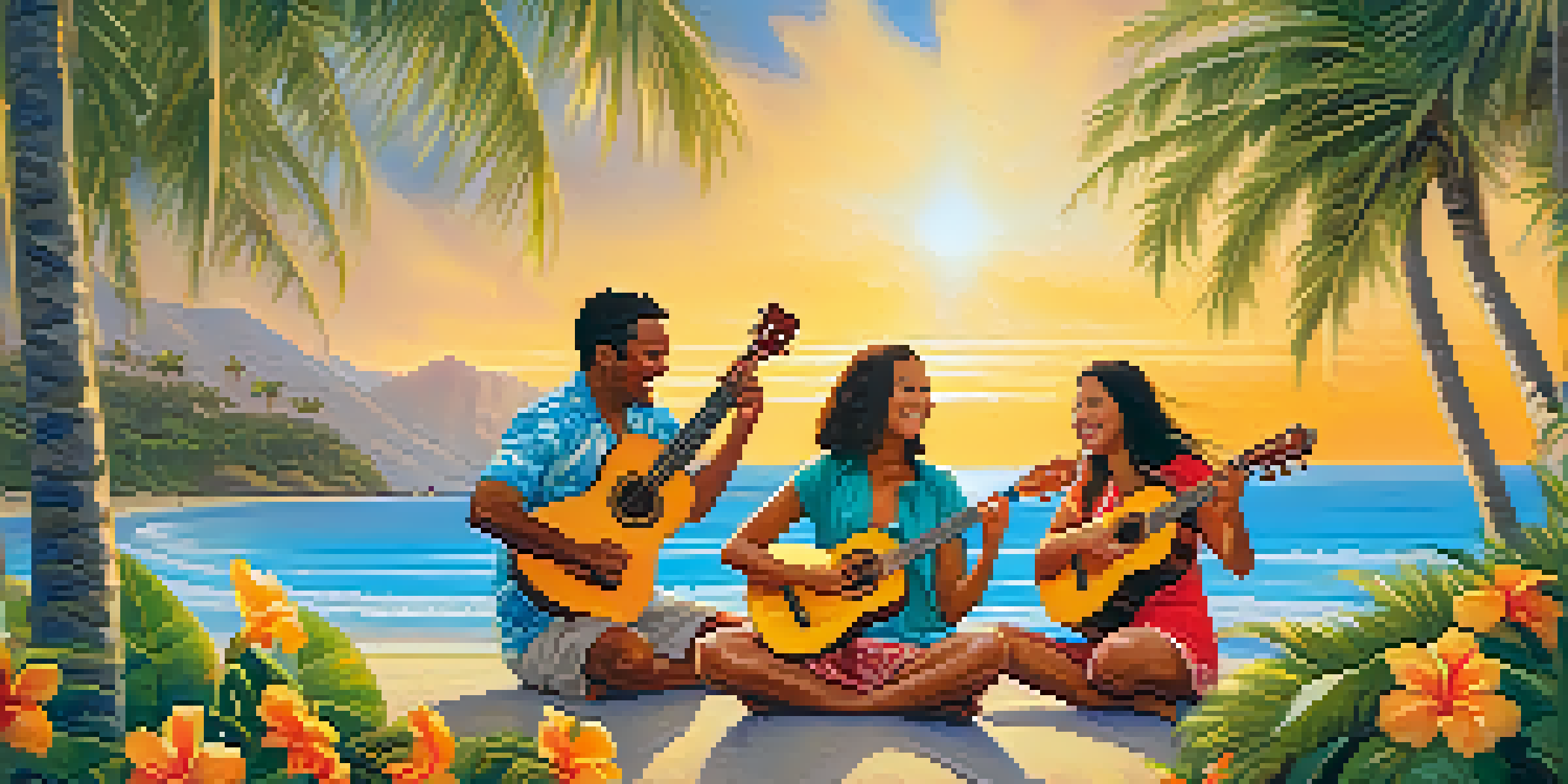 A group of diverse friends playing ukuleles on a Hawaiian beach at sunset, with palm trees and colorful flowers around them.