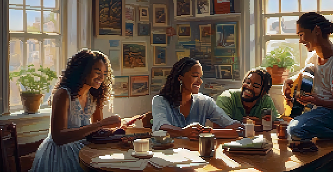 A group of diverse people enjoying a ukulele jam session around a table filled with music sheets and coffee cups, with sunlight streaming through a window.