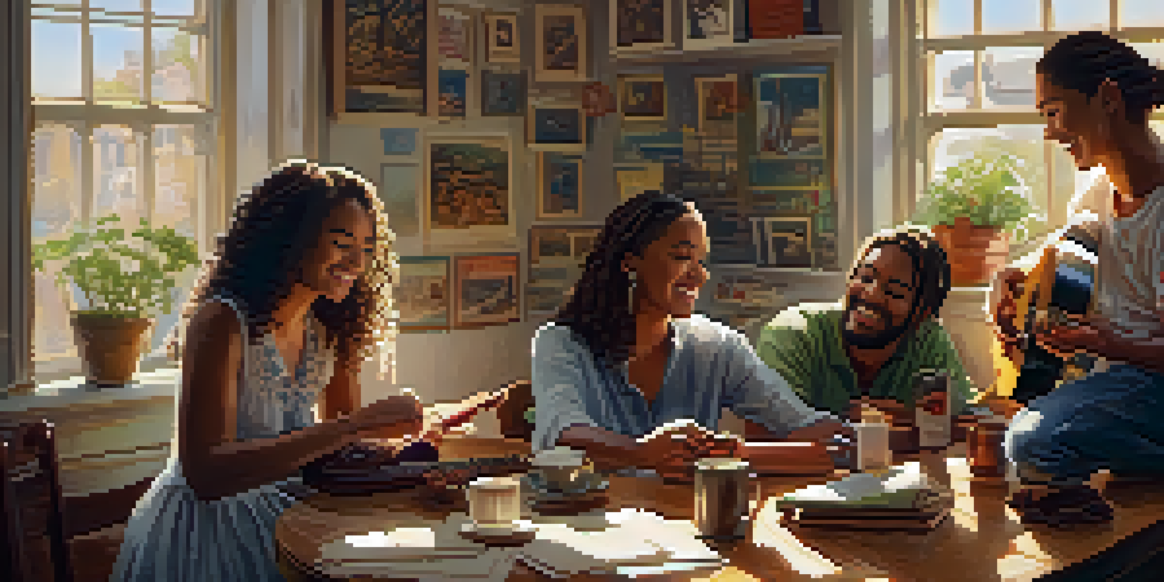 A group of diverse people enjoying a ukulele jam session around a table filled with music sheets and coffee cups, with sunlight streaming through a window.
