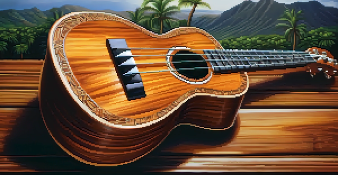A close-up of a koa wood ukulele on a rustic wooden table, with soft lighting and a blurred Hawaiian landscape in the background.