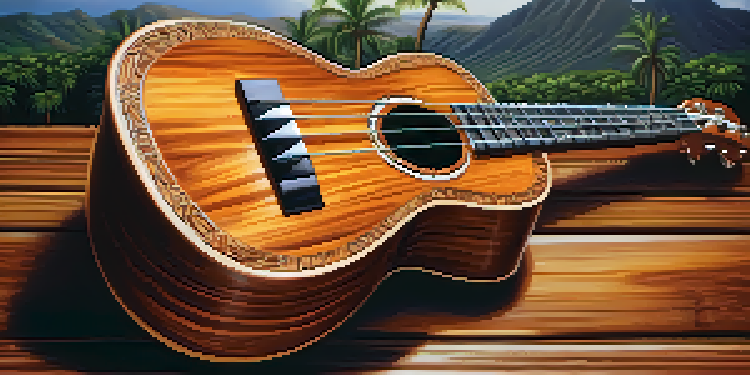 A close-up of a koa wood ukulele on a rustic wooden table, with soft lighting and a blurred Hawaiian landscape in the background.