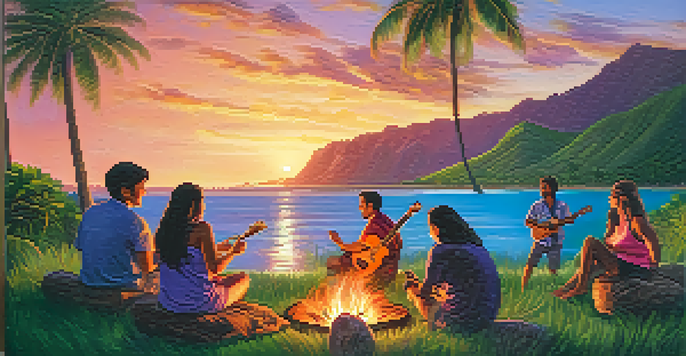 A group of friends playing ukuleles around a bonfire in a Hawaiian landscape during sunset.