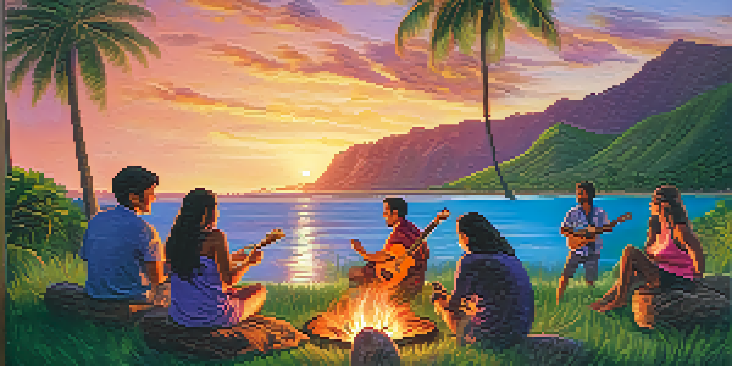A group of friends playing ukuleles around a bonfire in a Hawaiian landscape during sunset.