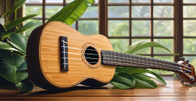 A bamboo ukulele displayed on a wooden table with green plants around it, illuminated by natural light.