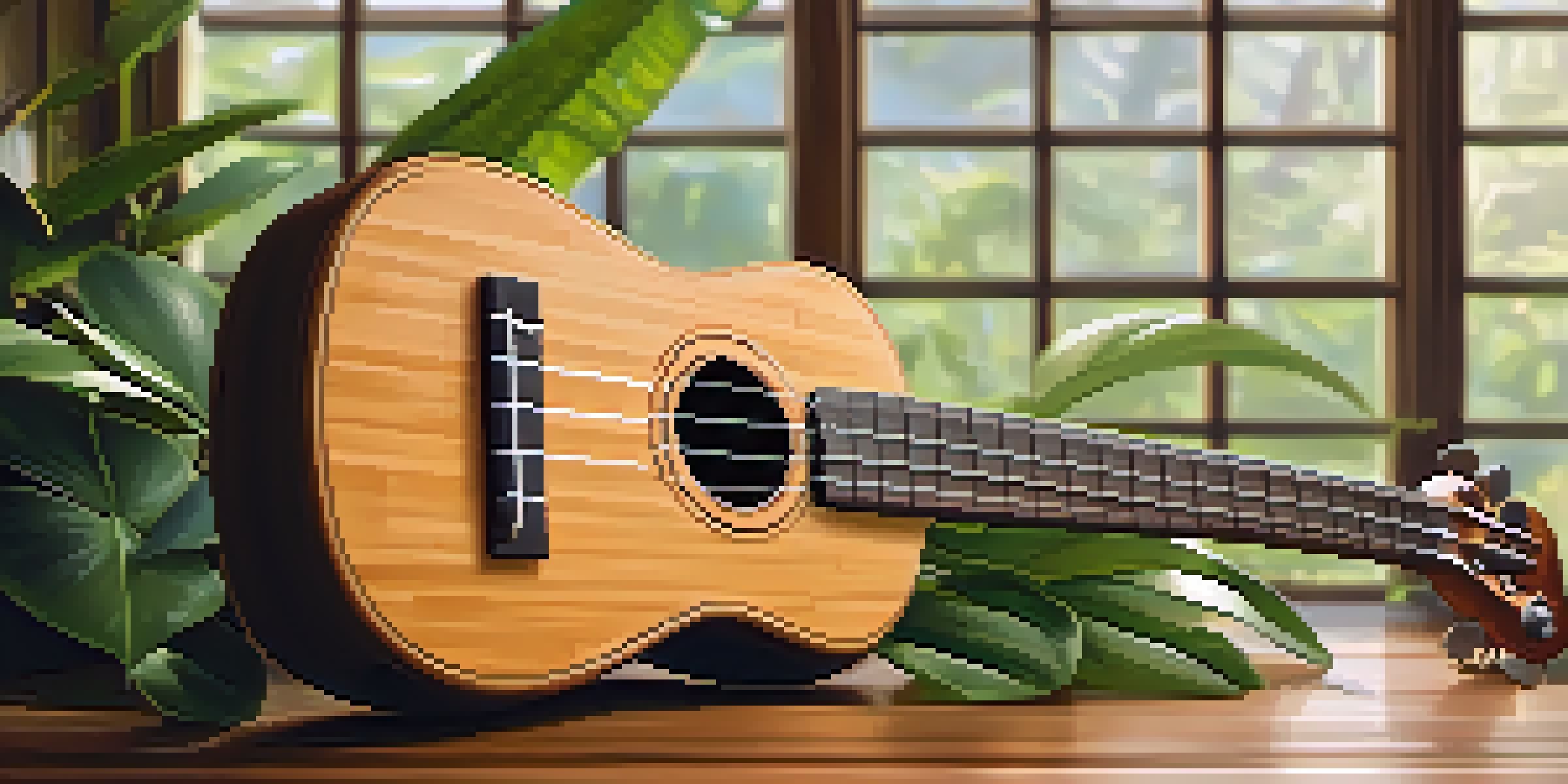A bamboo ukulele displayed on a wooden table with green plants around it, illuminated by natural light.