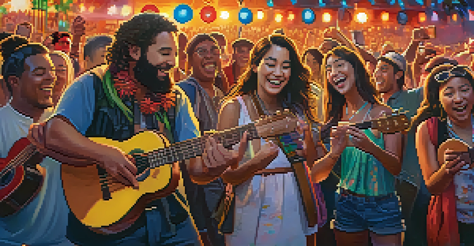 Musicians from various cultures playing ukuleles on stage at a music festival, with a vibrant crowd enjoying the performance.