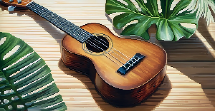 A close-up of a polished ukulele on a wooden table with soft natural light and a blurred tropical plant in the background.
