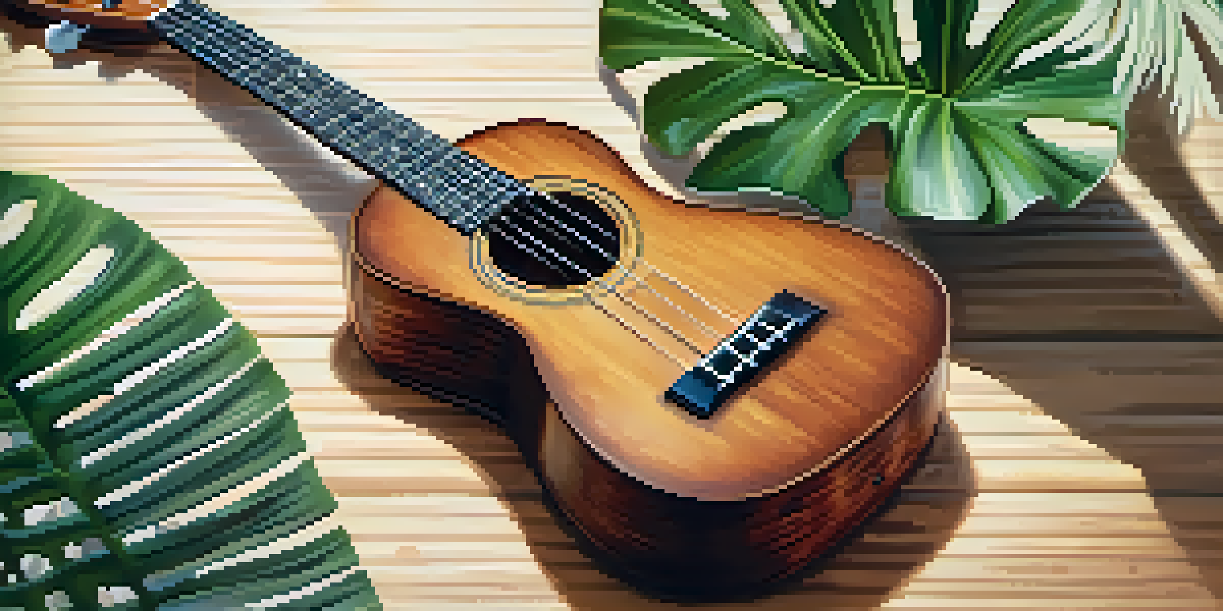 A close-up of a polished ukulele on a wooden table with soft natural light and a blurred tropical plant in the background.