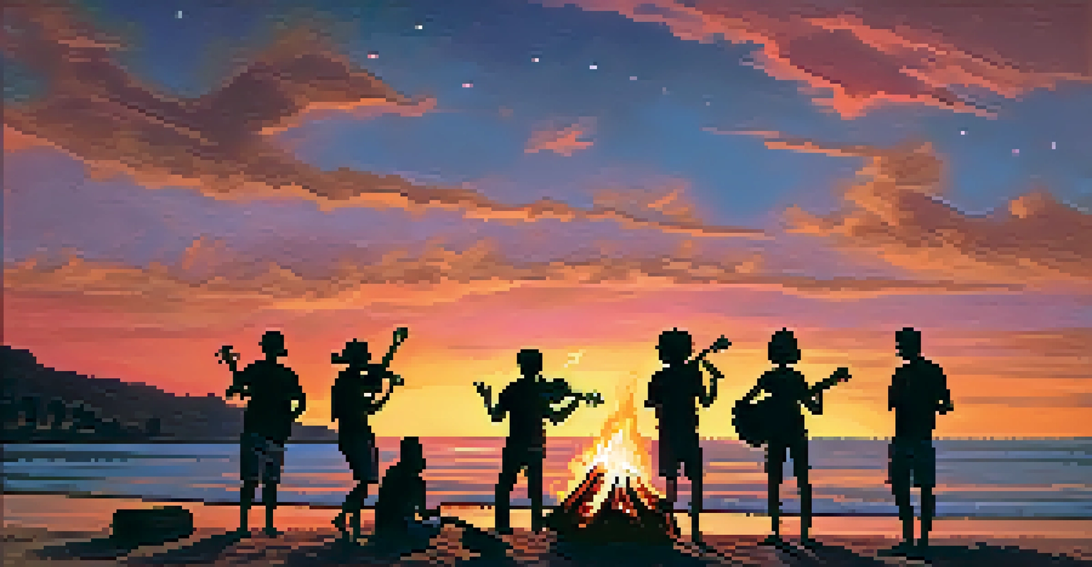 Friends gathered around a bonfire at the beach during sunset, one playing a ukulele.