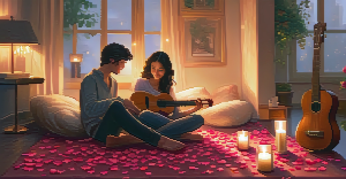 A couple sitting on a rug in a candle-lit room, one playing the ukulele and the other listening, surrounded by rose petals.