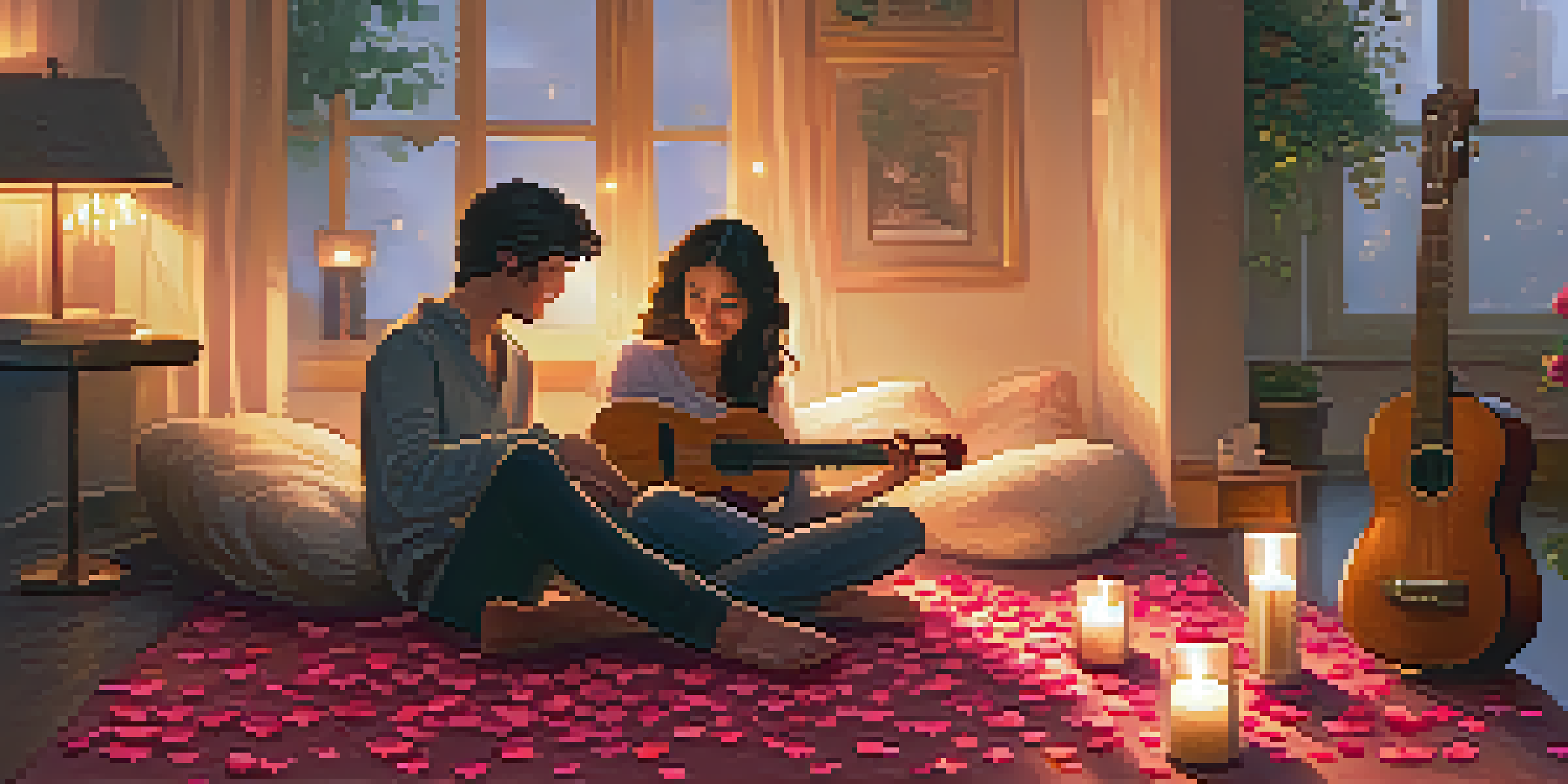 A couple sitting on a rug in a candle-lit room, one playing the ukulele and the other listening, surrounded by rose petals.