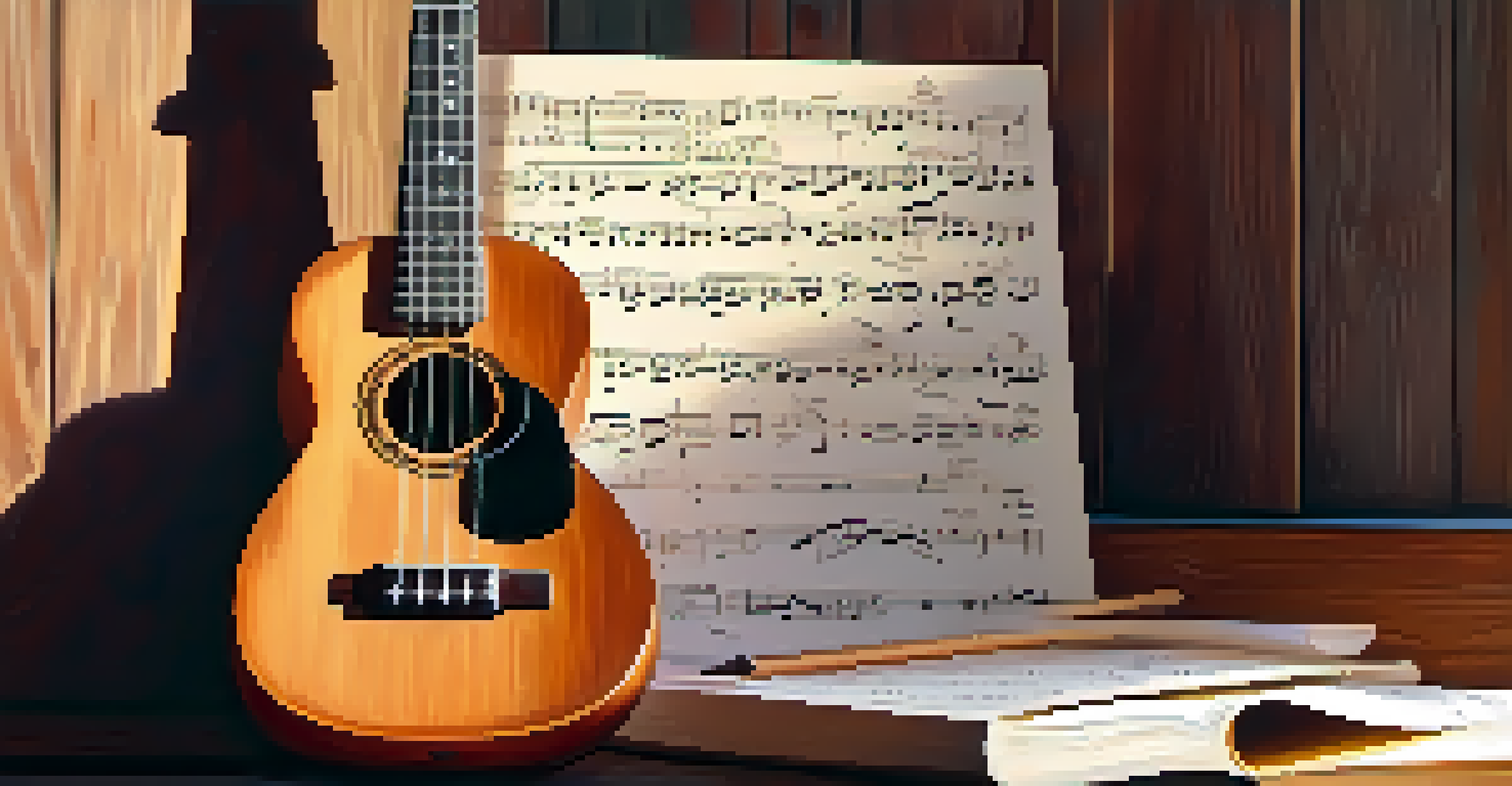 A close-up of a ukulele on a wooden table with sheet music and a coffee mug in soft morning light.