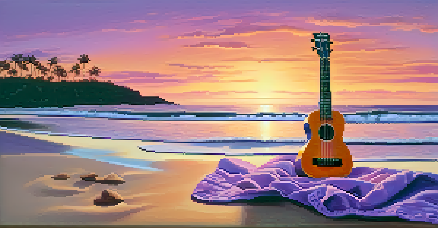 A ukulele standing in the sand at a beach during sunset, with vibrant colors in the sky and calm waves in the background.