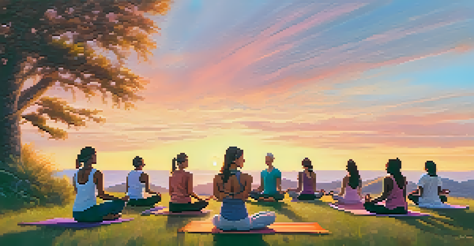 A group practicing yoga on a hill at sunset with a ukulele on a mat.