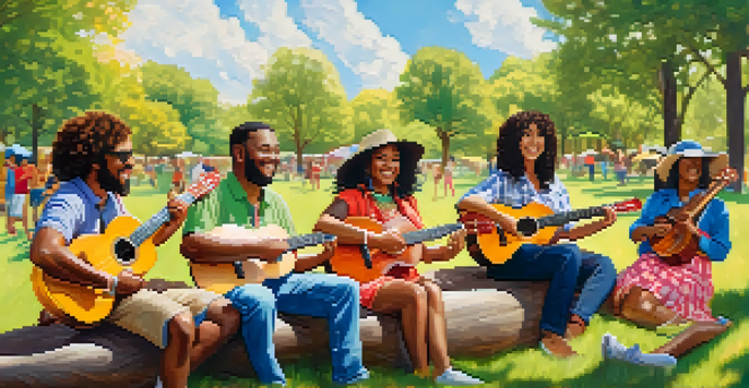 A diverse group of people joyfully playing ukuleles in a sunny park, surrounded by picnic blankets and trees.