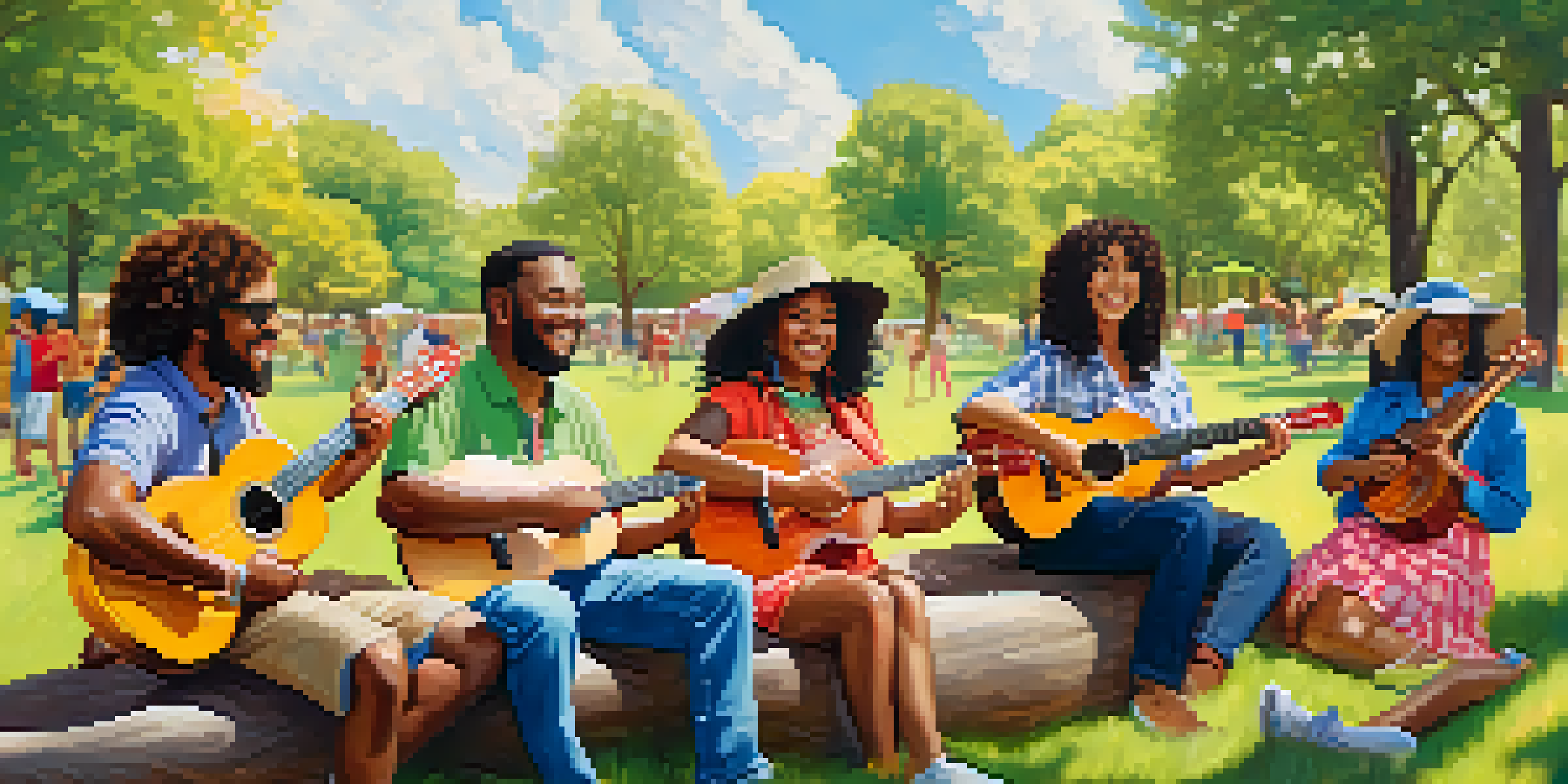 A diverse group of people joyfully playing ukuleles in a sunny park, surrounded by picnic blankets and trees.