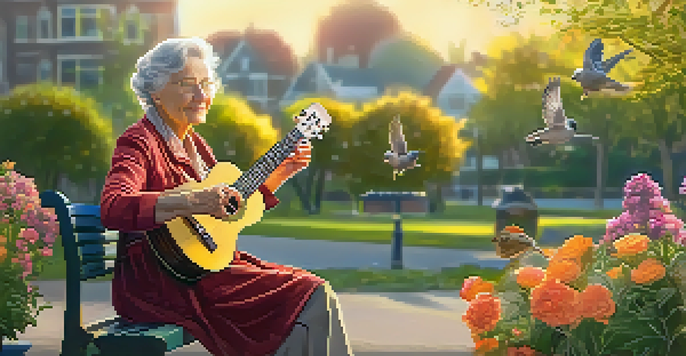 An elderly woman playing a ukulele on a park bench surrounded by colorful flowers and sunlight.