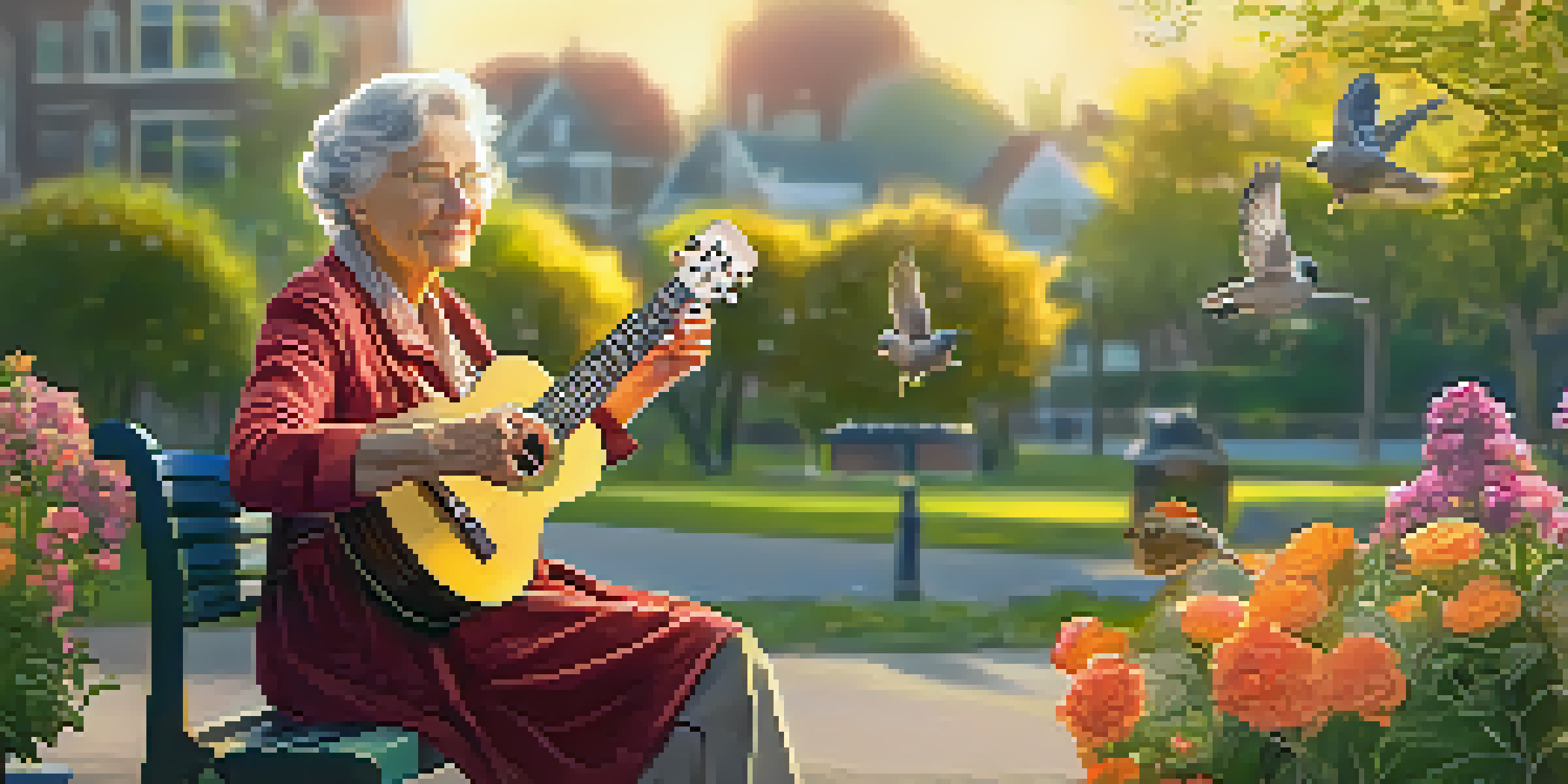 An elderly woman playing a ukulele on a park bench surrounded by colorful flowers and sunlight.