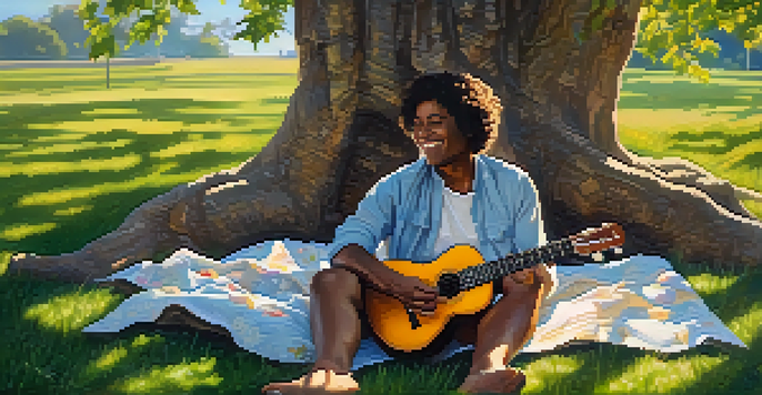 A person joyfully playing a ukulele under a tree in a sunny park, with music sheets around them.