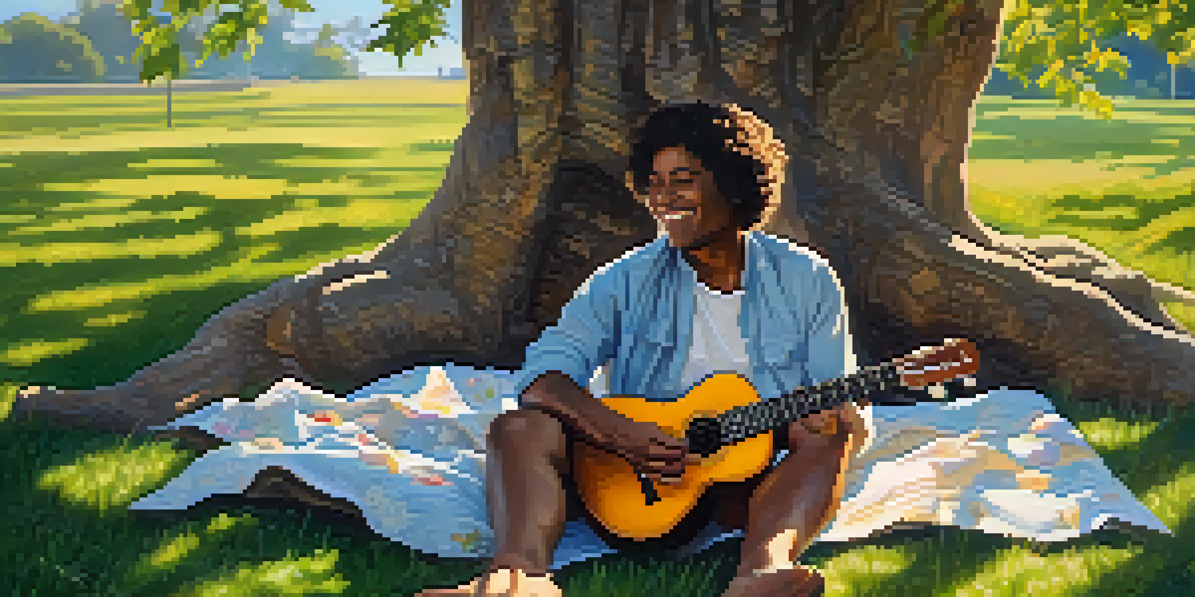 A person joyfully playing a ukulele under a tree in a sunny park, with music sheets around them.