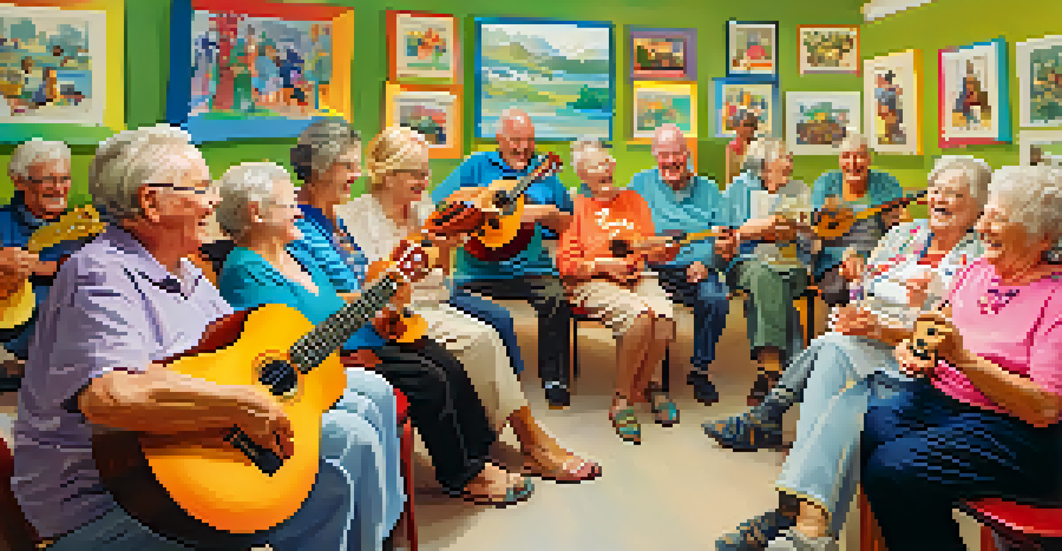 A group of older adults in a ukulele class at a community center, enjoying music and companionship in a vibrant setting.