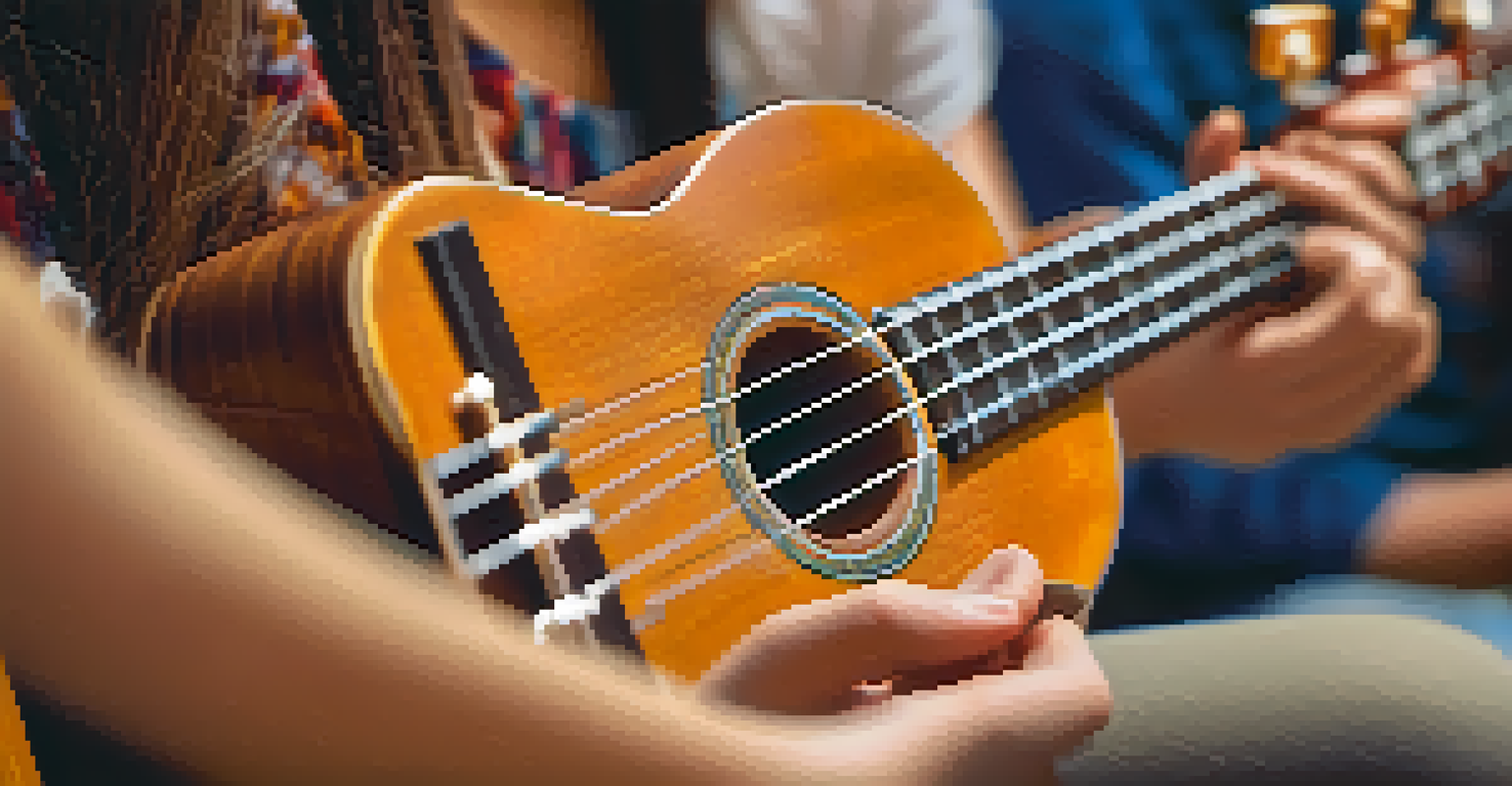 A close-up of a young student's hands strumming a ukulele, with blurred classmates in the background.