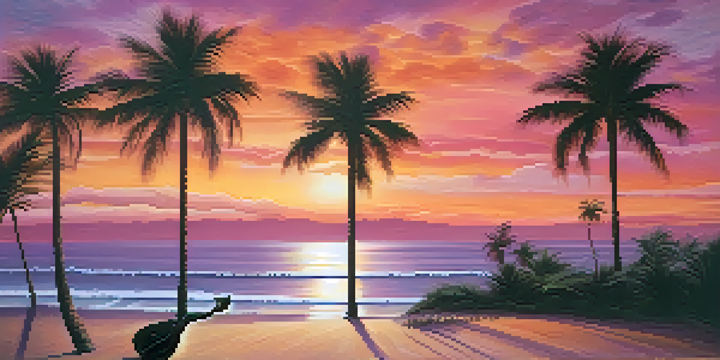 A peaceful beach at sunset with palm trees and a guitar on the sand.