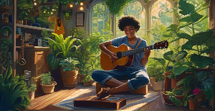 A young artist joyfully playing a ukulele on stage surrounded by plants and colorful decorations, with an engaged audience in a warm-lit intimate setting.