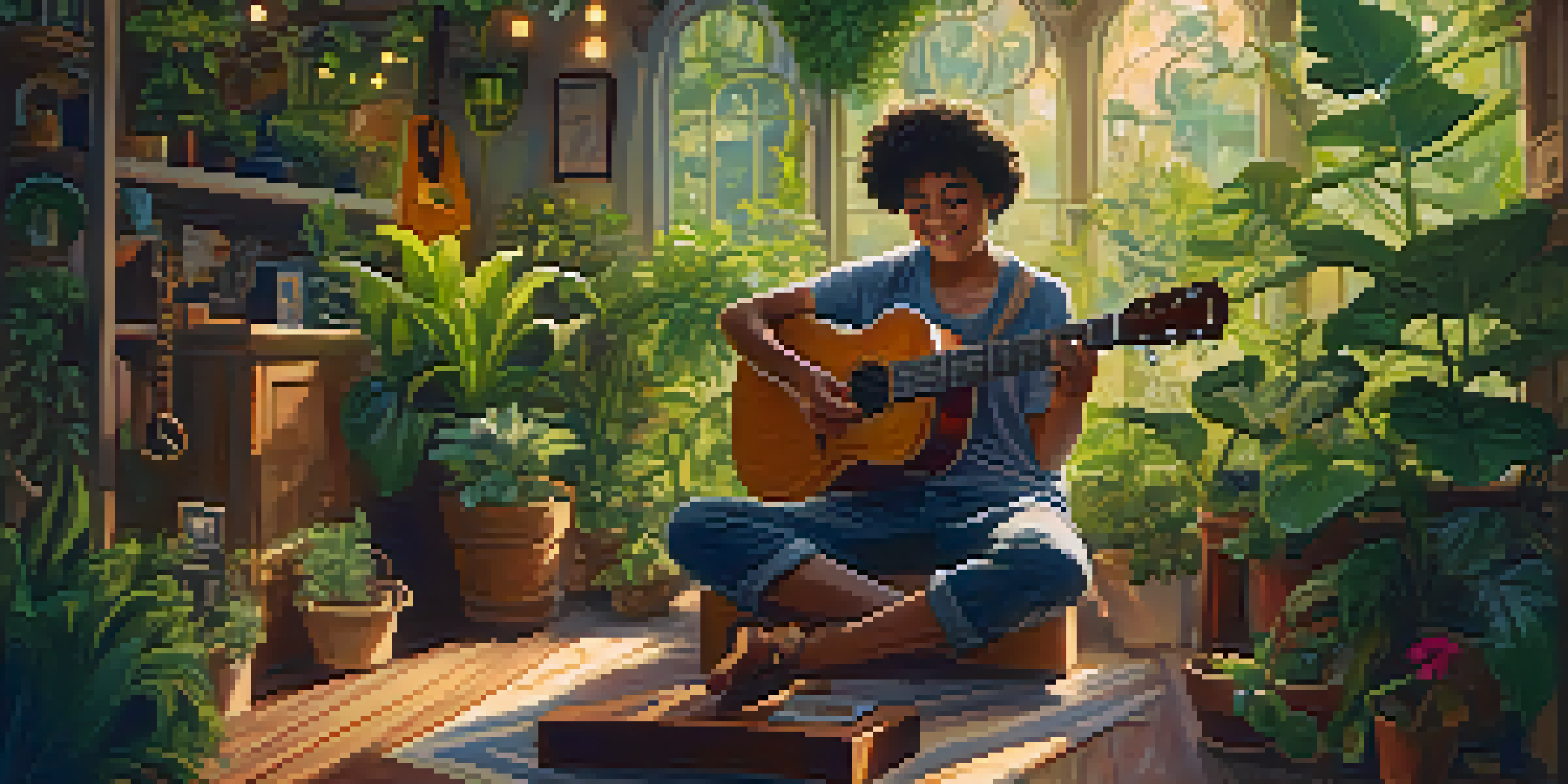 A young artist joyfully playing a ukulele on stage surrounded by plants and colorful decorations, with an engaged audience in a warm-lit intimate setting.