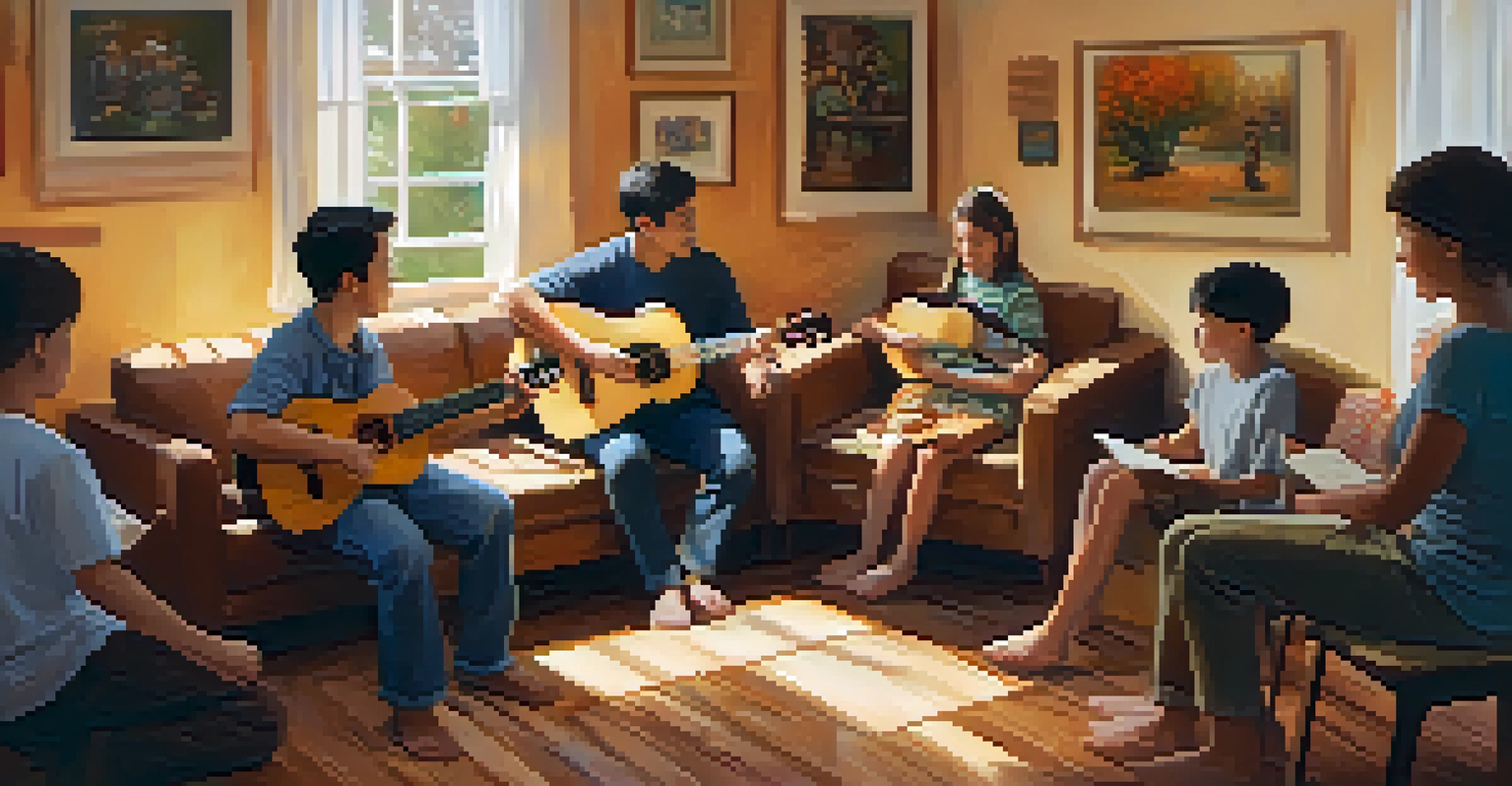 A cozy indoor ukulele group lesson with participants engaged in learning from a teacher.