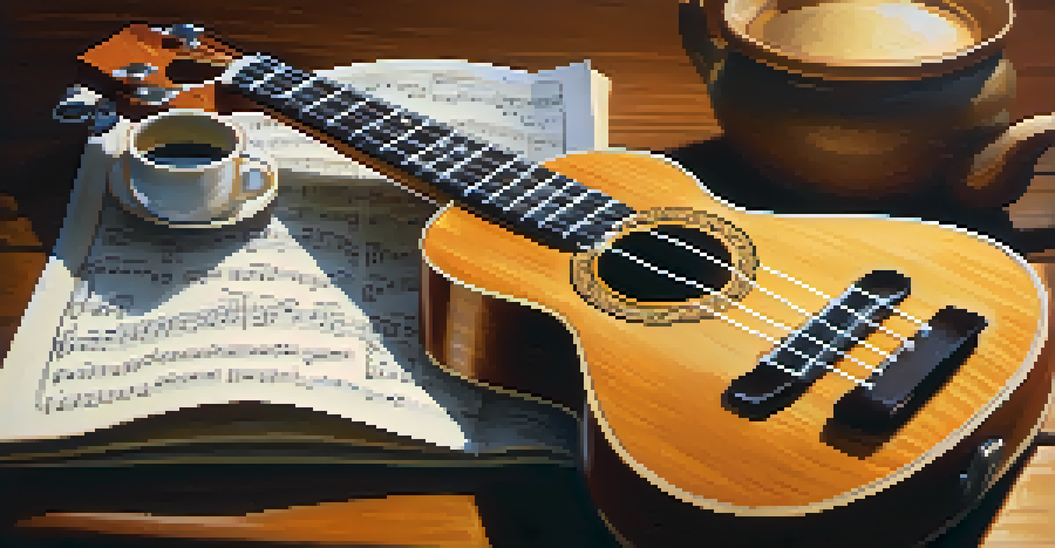 A close-up of a ukulele on a wooden table with sheet music, a cup of tea, and a potted plant in warm lighting.