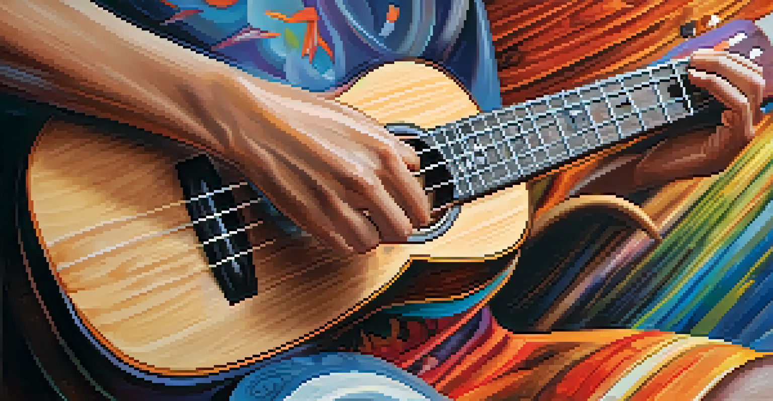 Close-up of hands strumming a ukulele with colorful sound waves around it.