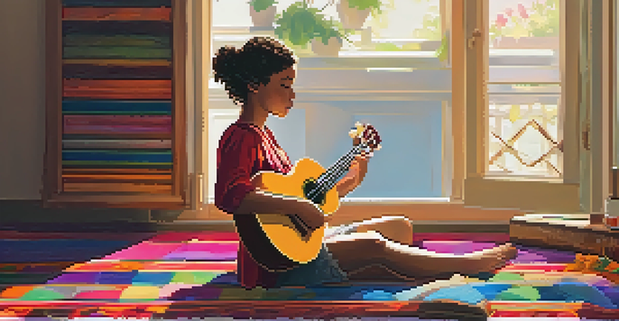 A person playing a mahogany ukulele on a colorful rug, surrounded by sheets of music.
