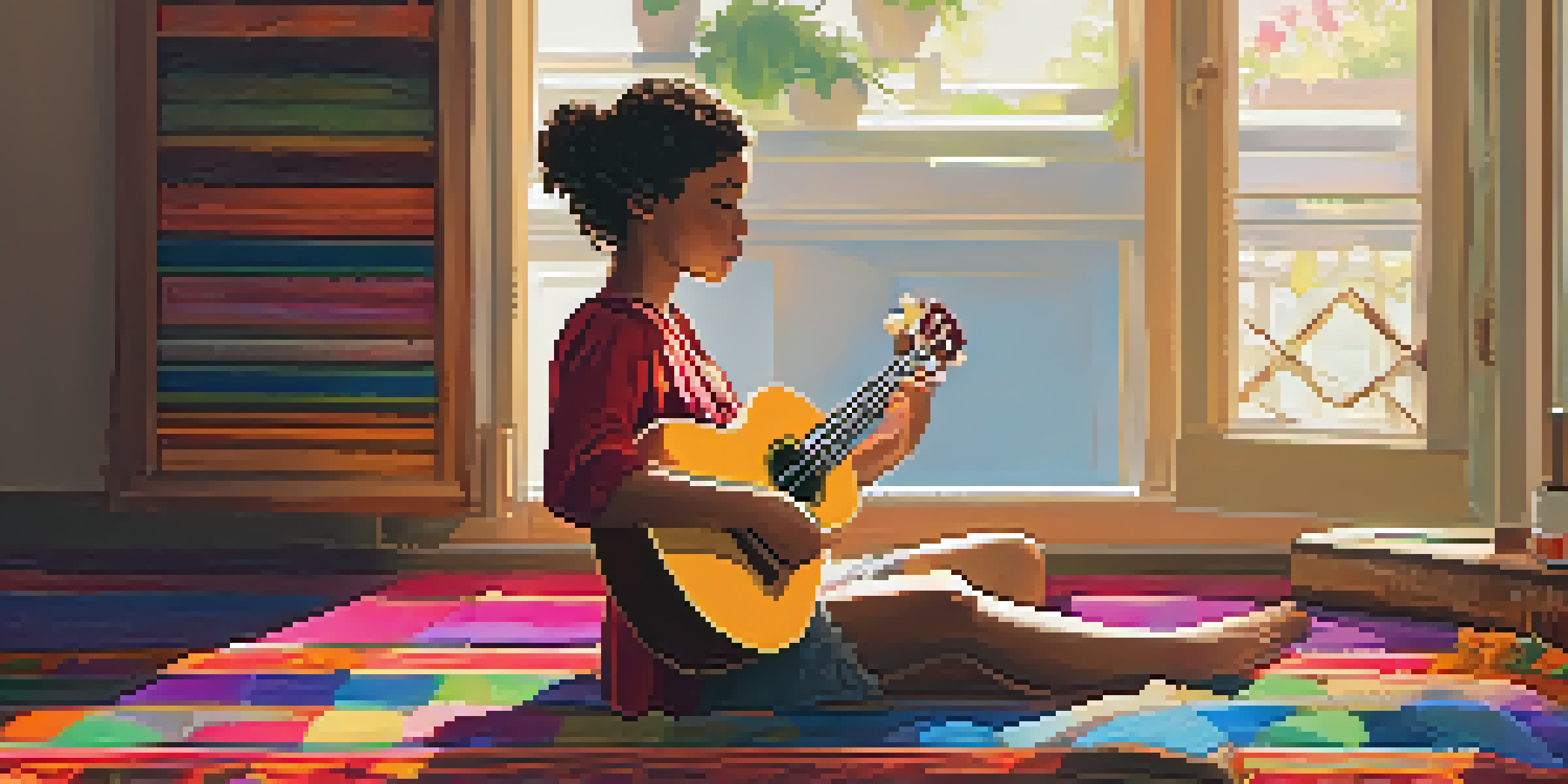 A person playing a mahogany ukulele on a colorful rug, surrounded by sheets of music.