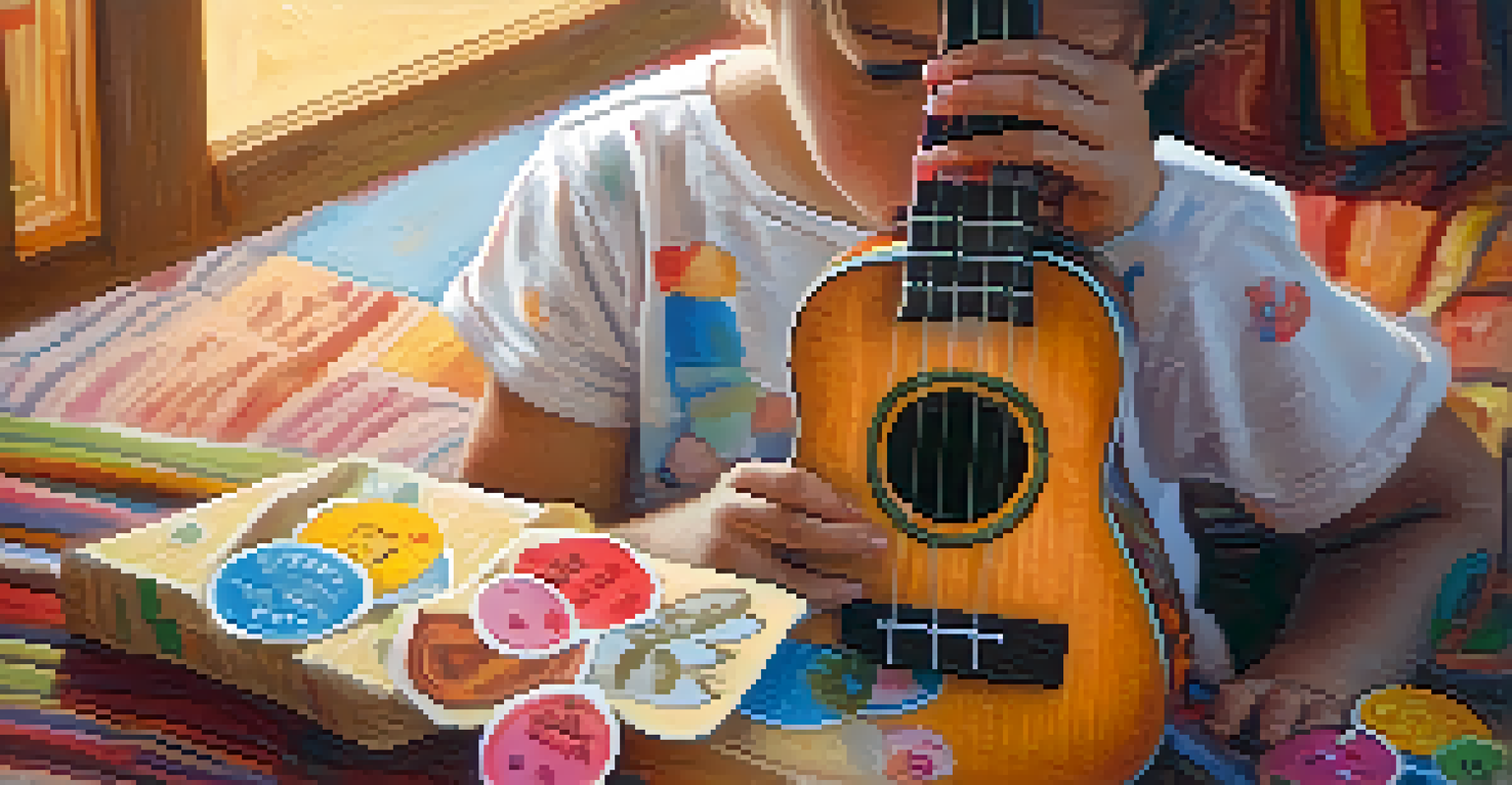 A child's hands strumming a decorated ukulele, showcasing the instrument's details and textures.