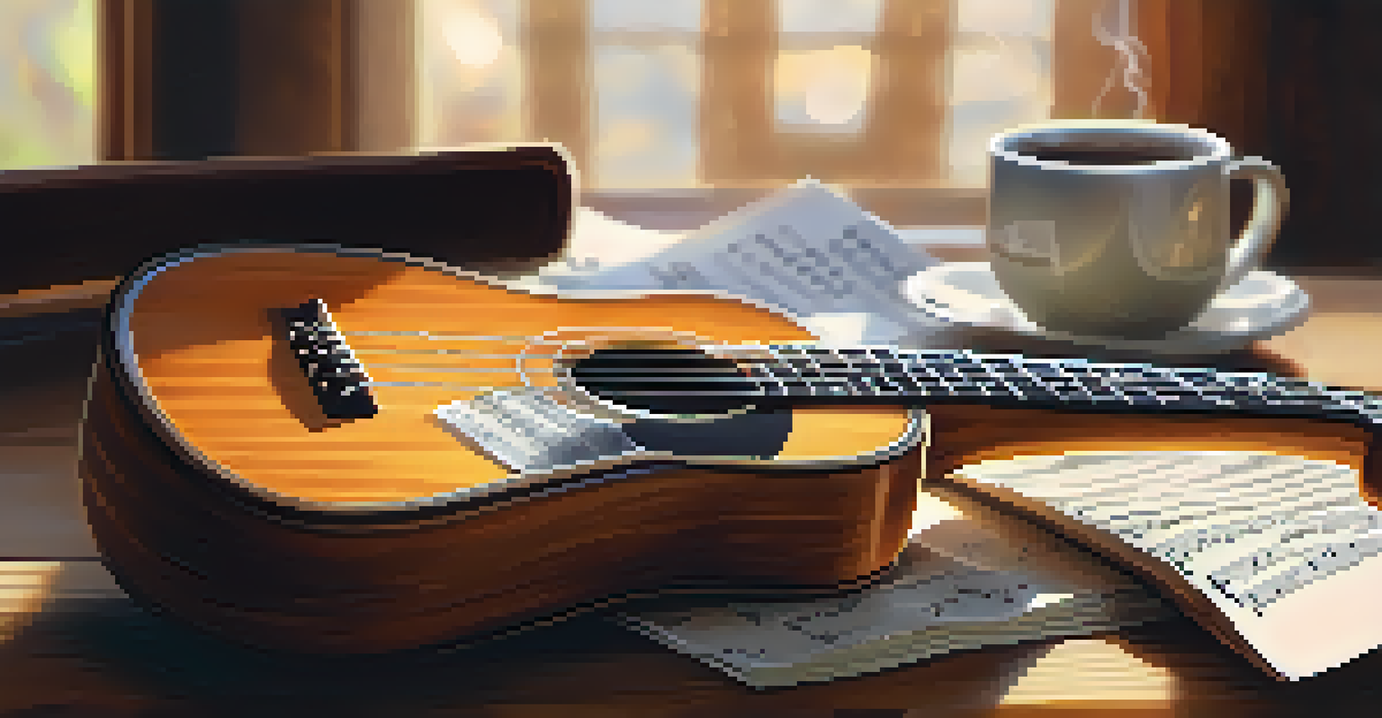 A close-up of a ukulele on a wooden table with sheet music and a steaming cup of coffee.