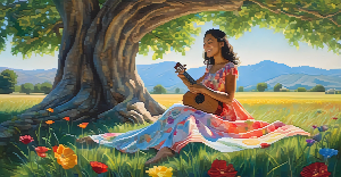 A young woman playing a ukulele under a colorful tree with flowers, smiling and enjoying her music in a sunny outdoor setting.