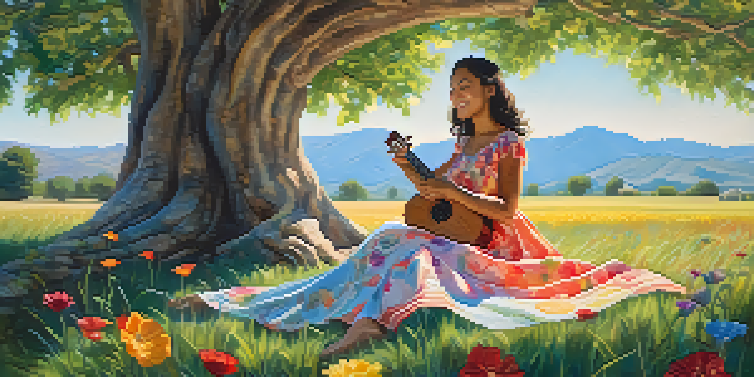 A young woman playing a ukulele under a colorful tree with flowers, smiling and enjoying her music in a sunny outdoor setting.