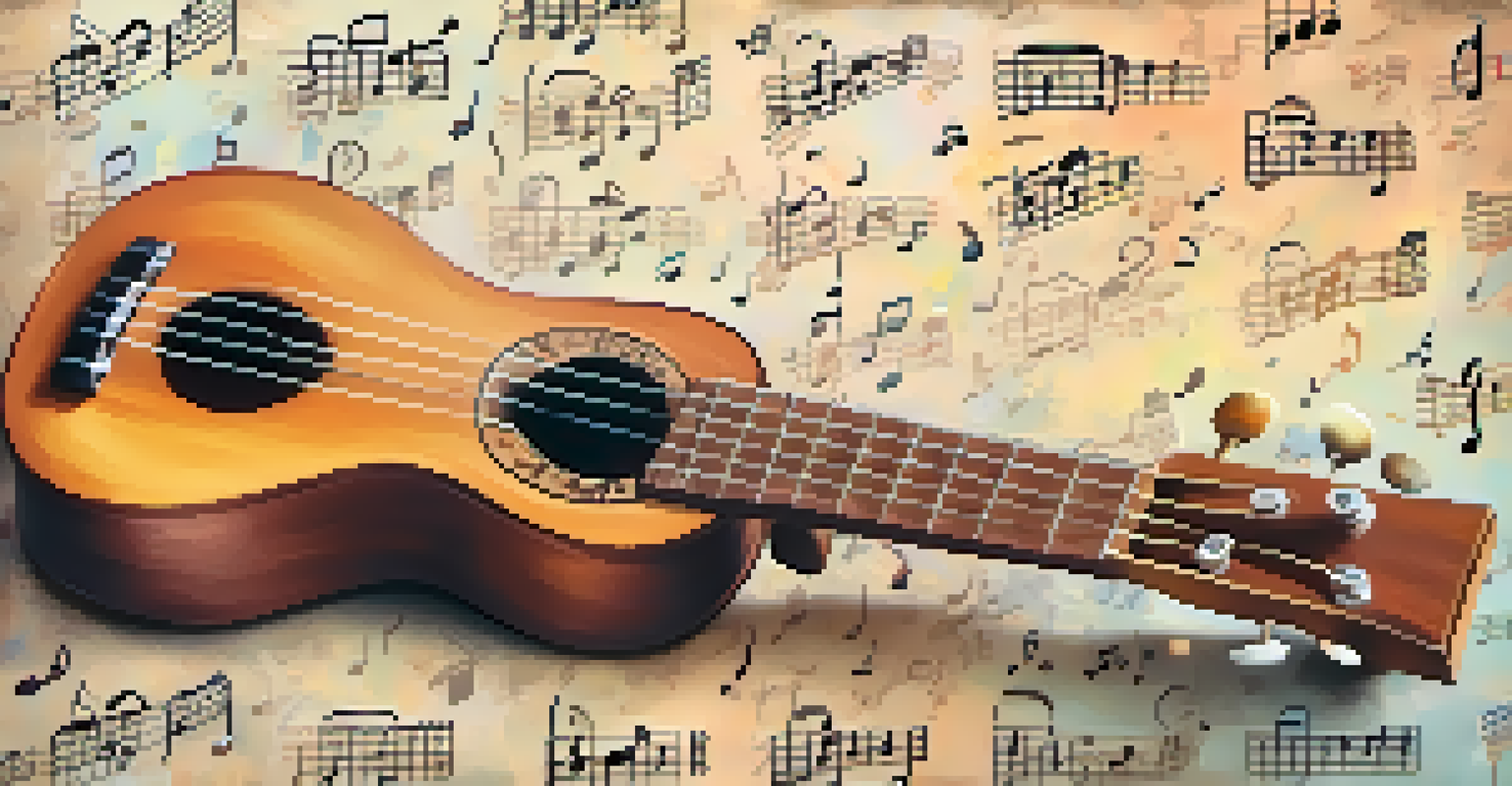 A ukulele surrounded by musical notes and symbols on a pastel gradient background.