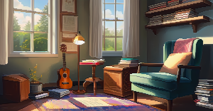 A cozy reading nook with sunlight, books, an armchair, and a ukulele on a side table.
