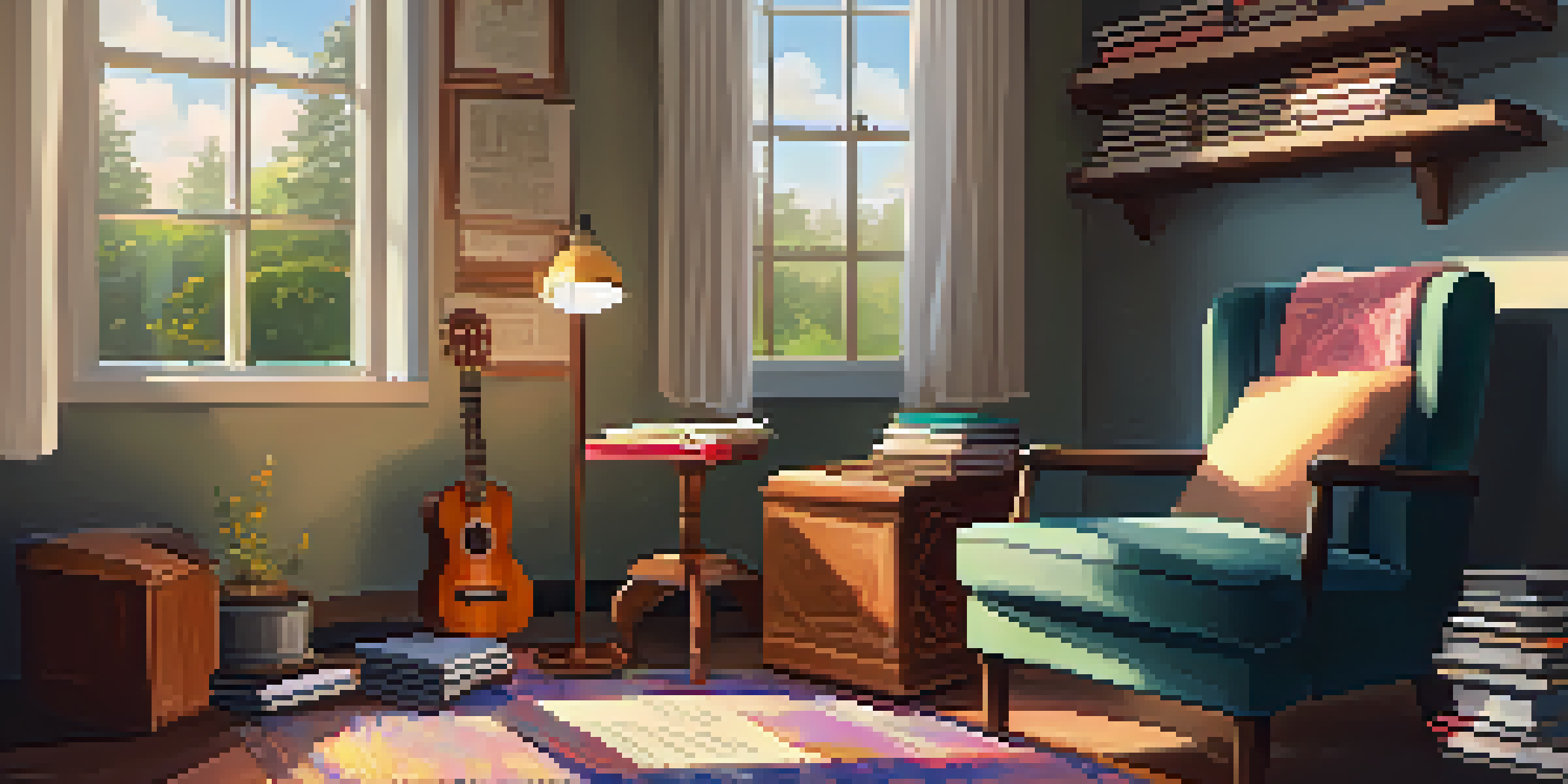 A cozy reading nook with sunlight, books, an armchair, and a ukulele on a side table.