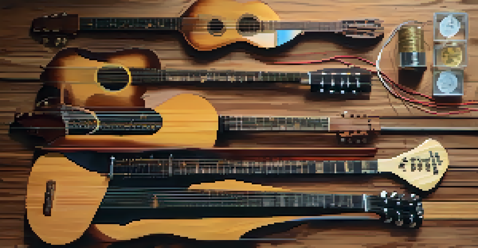 A flat lay of various guitar strings on a wooden table, with tools for changing strings, illuminated by soft natural light.